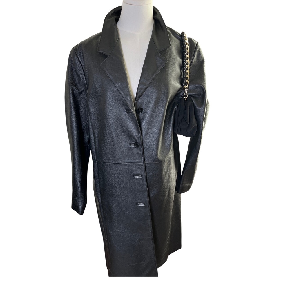Minimalist Leather Trench Coat Black Longline Lightweight Women L
